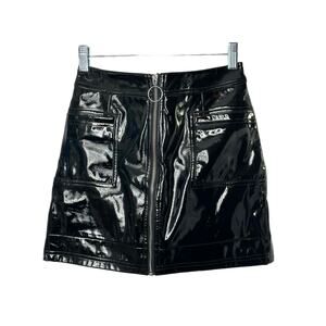 Topshop Black Vinyl Shiny Faux Patent Leather Full Zip Mini Skirt US Sz 2 NEW